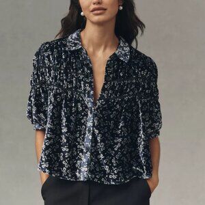 Anthropologie Leandra Velvet Shirred Yoke Blouse by Maeve NWT M